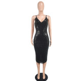 Women Solid Sequin Sexy Camisole V-neck Dress