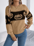 Women Halloween Pumpkin Contrast Knitting Long Sleeve Sweater