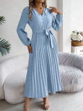 Women Elegant V-neck Button Lace-up Pleated Dress