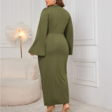 Plus Size Women Solid Turtleneck Slit Dress