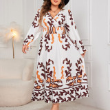 Plus Size Women Printed Long Sleeve V-neck Long Dress