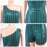 Women Sequin One Shoulder Striped Green Party Sexy Jumpsuit