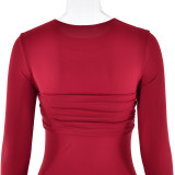 Women Solid Round Neck Long Sleeve Gathered Bodycon Dress