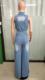 Women Elastic Washed Denim Jumpsuit