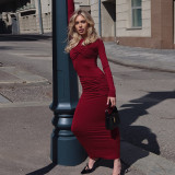 Women Solid Round Neck Long Sleeve Gathered Bodycon Dress