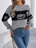 Women Halloween Pumpkin Contrast Knitting Long Sleeve Sweater