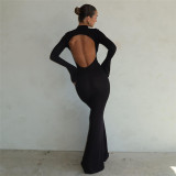 Women Round Neck Sexy Backless Long Sleeve Bodycon Dress