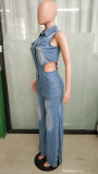 Women Elastic Washed Denim Jumpsuit