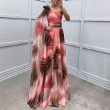 Women Casual Chiffon Print Slash Shoulder Dress