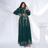 Plus Size Women Long Sleeve Round Neck Formal Party Sequin Maxi Evening Dress