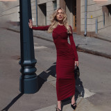 Women Solid Round Neck Long Sleeve Gathered Bodycon Dress