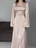 Women Lace-Up Solid Long Sleeve Maxi Dress