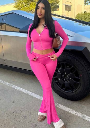 Women Zipper Long Sleeve Hooded Top and Bell Bottom Two-piece trousers