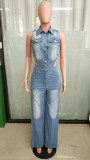 Women Elastic Washed Denim Jumpsuit