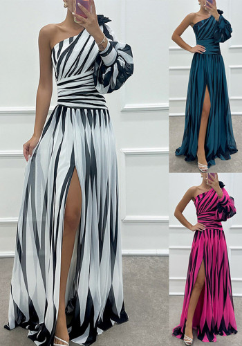 Women Casual Print Slash Shoulder Slit Dress