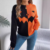 Women Halloween Pumpkin Contrast Knitting Long Sleeve Sweater