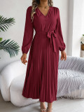 Women Elegant V-neck Button Lace-up Pleated Dress