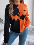 Women Halloween Pumpkin Contrast Knitting Long Sleeve Sweater