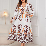 Plus Size Women Printed Long Sleeve V-neck Long Dress