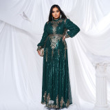 Plus Size Women Long Sleeve Round Neck Formal Party Sequin Maxi Evening Dress