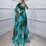 Women Casual Chiffon Print Slash Shoulder Dress