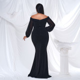 Plus Size Women Long Sleeve V-Neck Formal Party Sexy Bodycon Fishtail Maxi Evening Dress