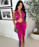 Fashionable Women's Solid Color Sleeveless Ruffled Halter Top Slit Pleated Skirt Two Piece Set