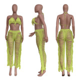 summer sexy women's fashion knitted hollow transparent tassel two-piece suit