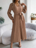 Women Elegant V-neck Button Lace-up Pleated Dress