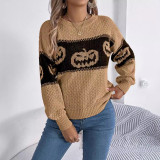 Women Halloween Pumpkin Contrast Knitting Long Sleeve Sweater