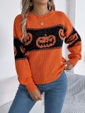 Women Halloween Pumpkin Contrast Knitting Long Sleeve Sweater