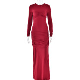 Women Solid Round Neck Long Sleeve Gathered Bodycon Dress