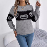 Women Halloween Pumpkin Contrast Knitting Long Sleeve Sweater