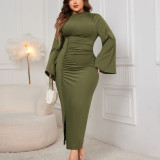 Plus Size Women Solid Turtleneck Slit Dress