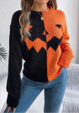 Women Halloween Pumpkin Contrast Knitting Long Sleeve Sweater