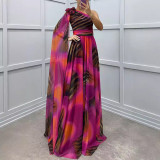 Women Casual Chiffon Print Slash Shoulder Dress