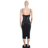 Women Solid Sequin Sexy Camisole V-neck Dress