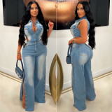 Women Elastic Washed Denim Jumpsuit