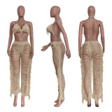 summer sexy women's fashion knitted hollow transparent tassel two-piece suit