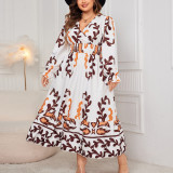 Plus Size Women Printed Long Sleeve V-neck Long Dress