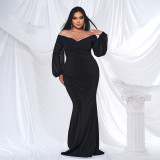 Plus Size Women Long Sleeve V-Neck Formal Party Sexy Bodycon Fishtail Maxi Evening Dress