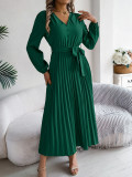 Women Elegant V-neck Button Lace-up Pleated Dress