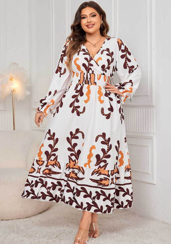 Plus Size Women Printed Long Sleeve V-neck Long Dress