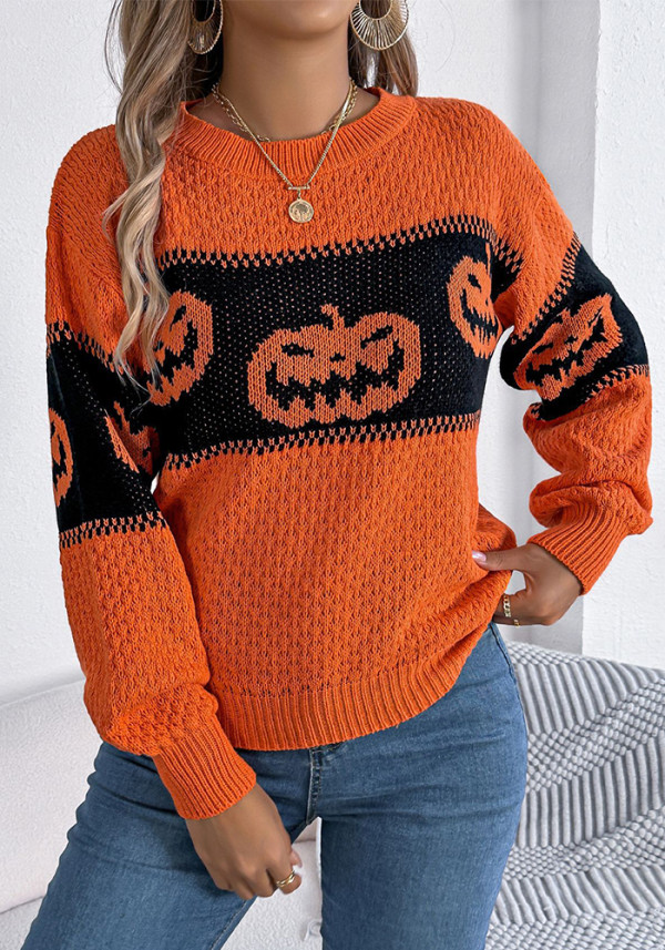 Women Halloween Pumpkin Contrast Knitting Long Sleeve Sweater