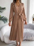 Women Elegant V-neck Button Lace-up Pleated Dress