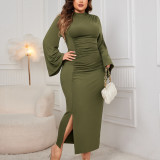 Plus Size Women Solid Turtleneck Slit Dress