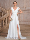 V-Neck Low Back Summer Chiffon Split Elegant Formal Party Women Evening Dress