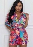 Women's Clothing Fashion Printed Half Sleeve Shirt Pocket Shorts Two Piece Set