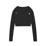 Women's Spring And Summer Street Solid Color Round Neck Long Sleeve Hollow Crop Long Sleeve T-Shirt Top