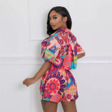 Women's Clothing Fashion Printed Half Sleeve Shirt Pocket Shorts Two Piece Set